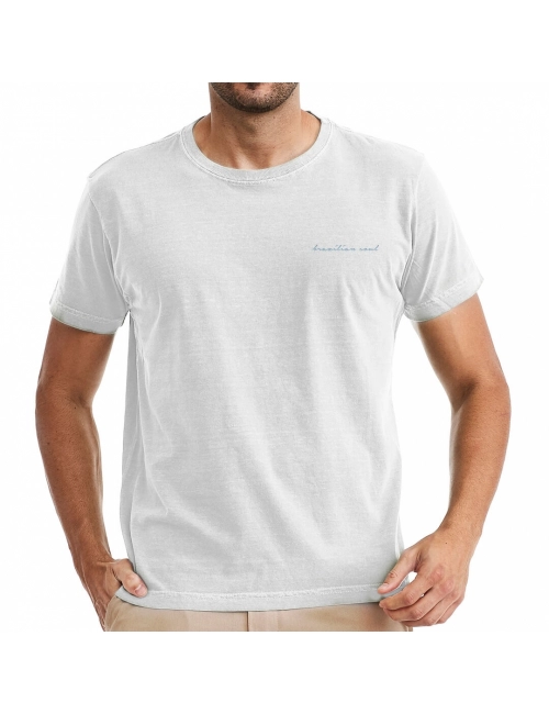 Camiseta Coqueiro Masculina  Branca com Azul Claro