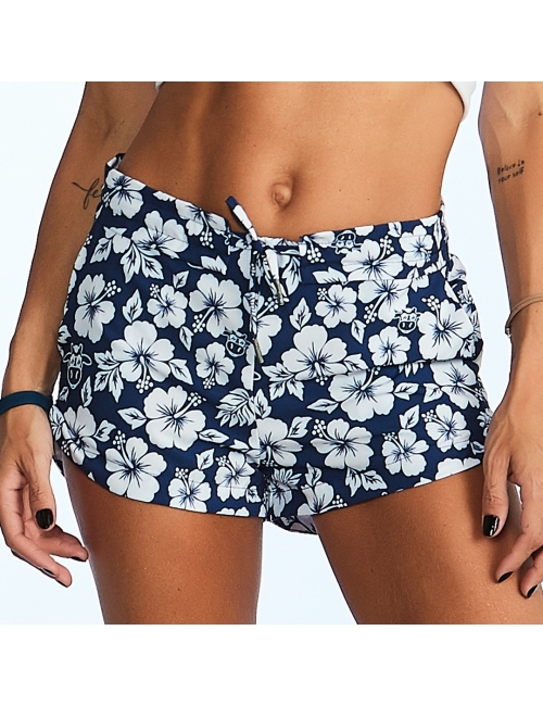 Short Feminino Praia Azul Marinho Floral Cós Liso 