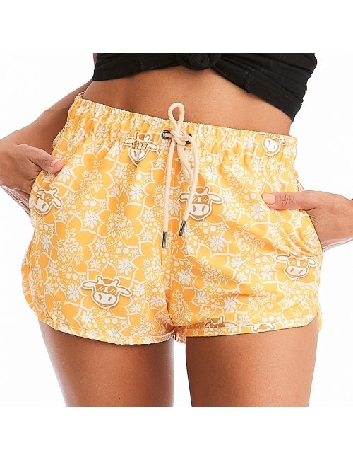 Short Feminino Praia Amarelo Floral Cós Elástico 