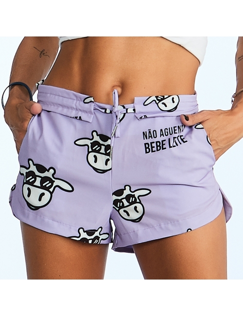 Short Feminino Praia Lavanda Não Aguenta Bebe Leite Cós Liso