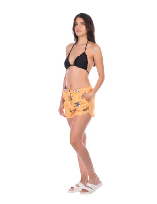 Short Feminino Praia Amarelo Não Aguenta Bebe Leite Cós Elástico