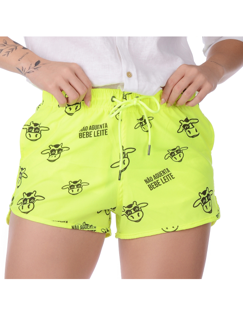 Short Feminino Praia Amarelo Neon Não Aguenta Bebê Leite Cós Elástico
