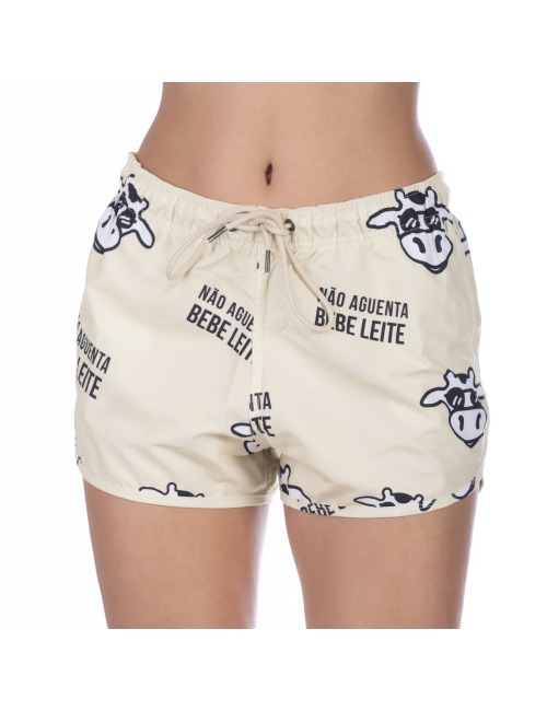 Short Feminino Praia Amarelo Pastel Não Aguenta Bebe Leite Cós Elástico 