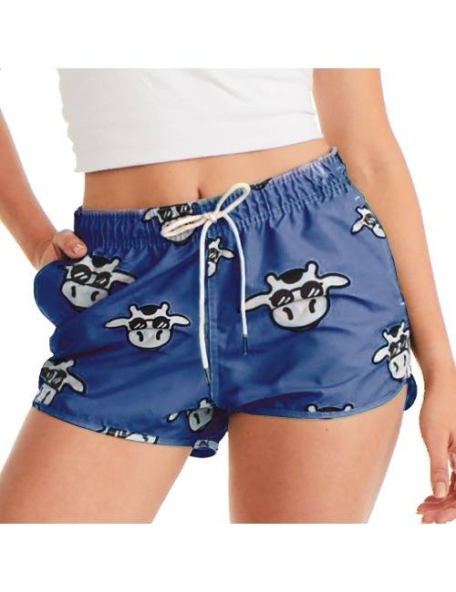 Short Feminino Praia Azul Caneta Vaca Lôca Cós Elástico Short Feminino Praia Azul Caneta Vaca Lôca Cós Elástico