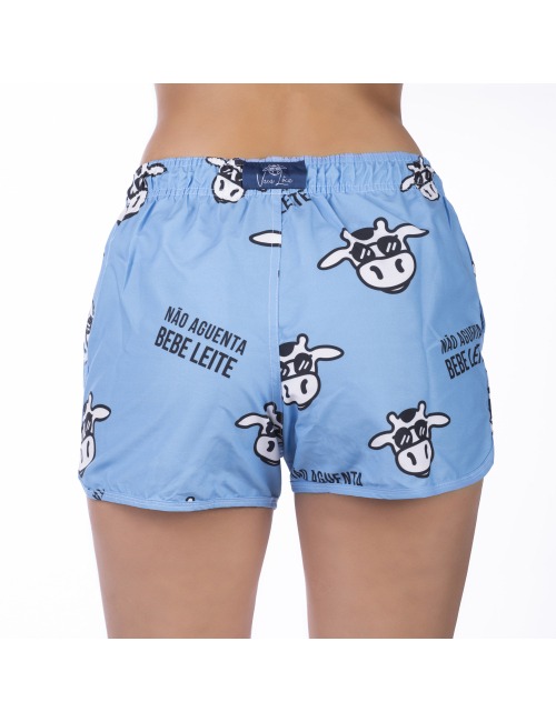 Short Feminino Praia Azul Pastel Não Aguenta Bebe Leite Cós Elástico 