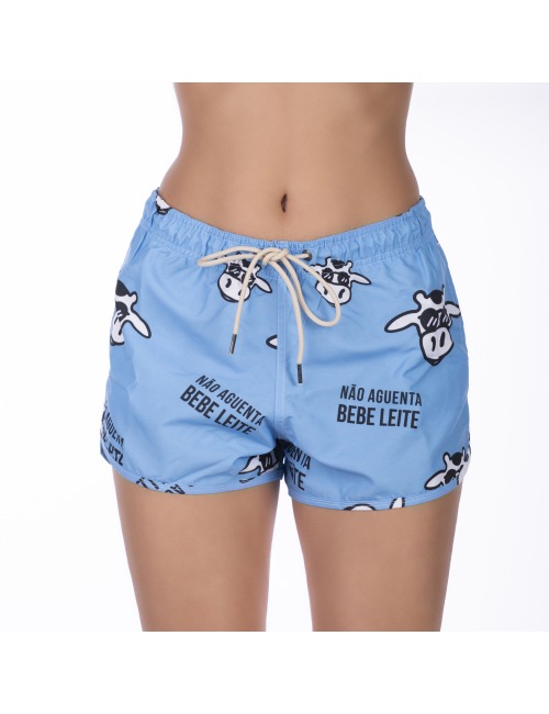 Short Feminino Praia Azul Pastel Não Aguenta Bebe Leite Cós Elástico 