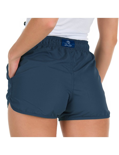 Short Feminino Praia Azul Petróleo Liso Cós Elástico