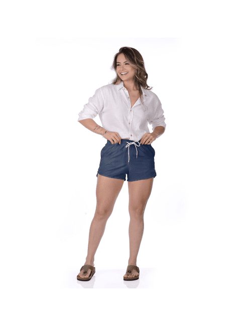 Short Feminino Praia Azul Petróleo Liso Cós Elástico
