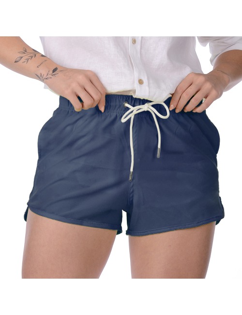 Short Feminino Praia Azul Petróleo Liso Cós Elástico