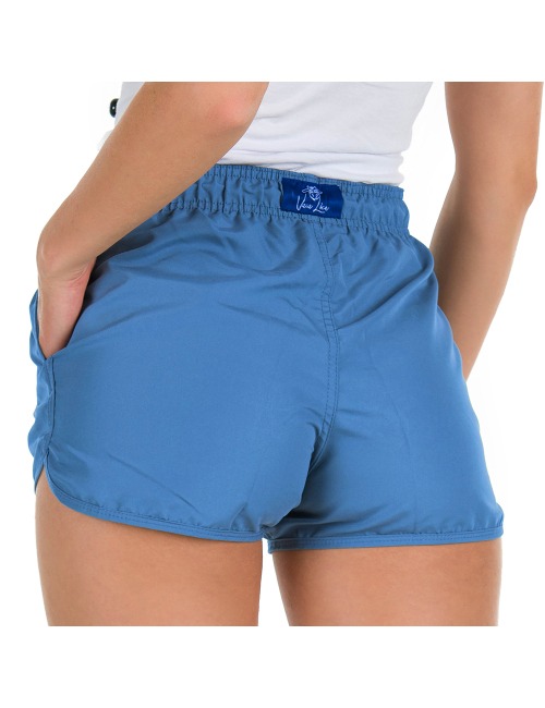 Short Feminino Praia Azul Turquesa Liso Cós Elástico 
