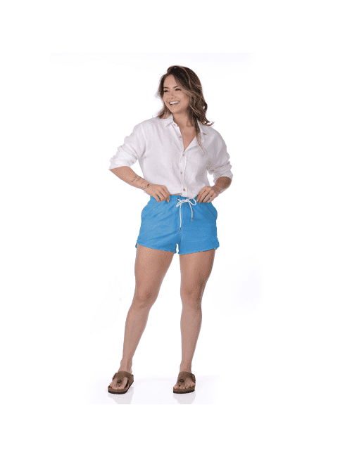 Short Feminino Praia Azul Turquesa Liso Cós Elástico 