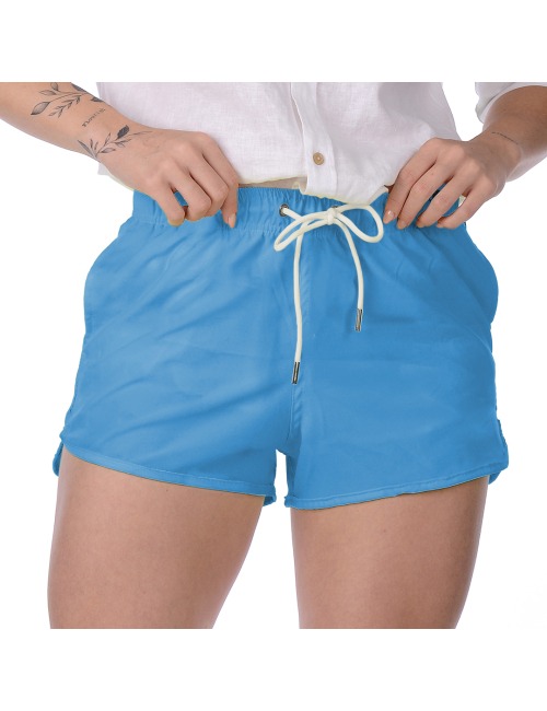 Short Feminino Praia Azul Turquesa Liso Cós Elástico 