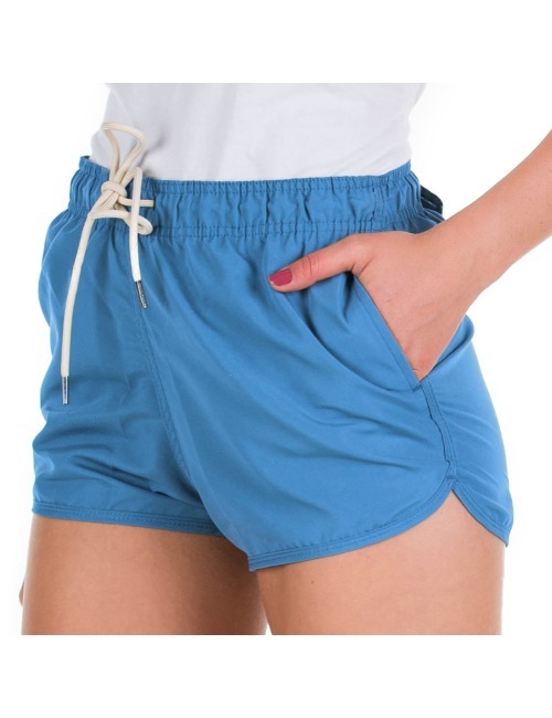 Short Feminino Praia Azul Turquesa Liso Cós Elástico 