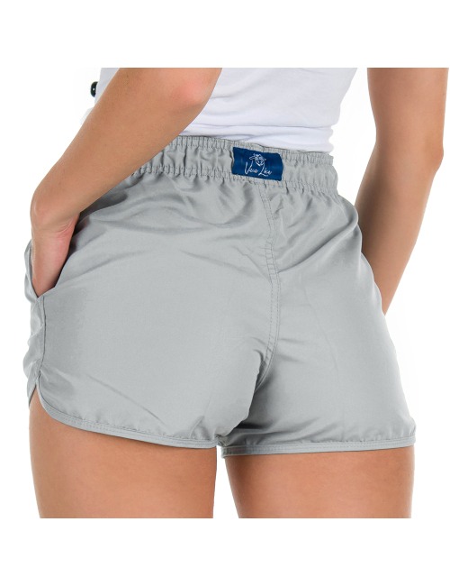 Short Feminino Praia Cinza Liso Cós Elástico 