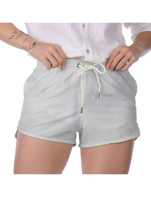 Short Feminino Praia Cinza Liso Cós Elástico 