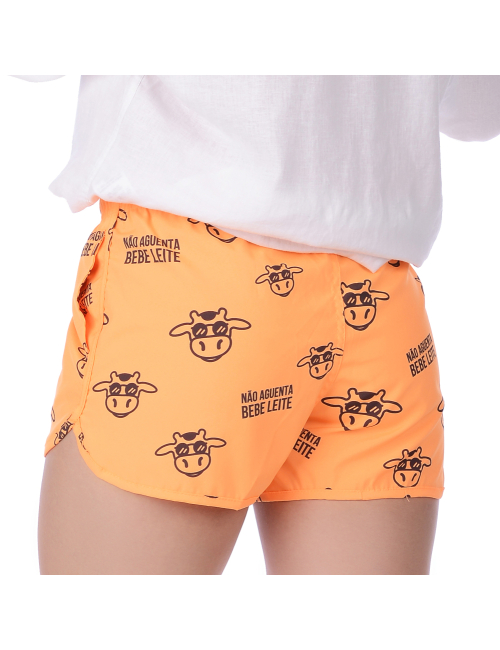 Short Feminino Praia Laranja Neon Não Aguenta Bebê Leite Cós Elástico
