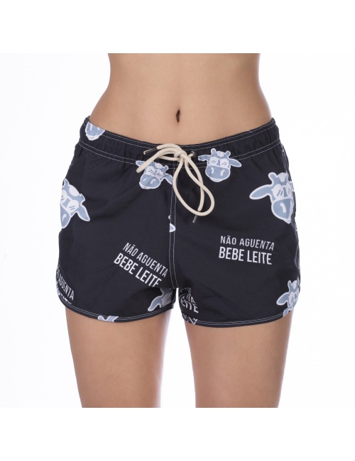 Short Feminino Praia Preto Com Cinza Não Aguenta Bebe Leite Cós Elástico 