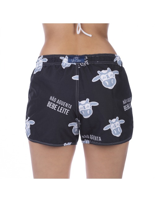 Short Feminino Praia Preto Com Cinza Não Aguenta Bebe Leite Cós Elástico 