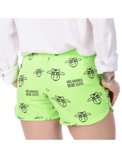 Short Feminino Praia Verde Neon Não Aguenta Bebê Leite Cós Elástico