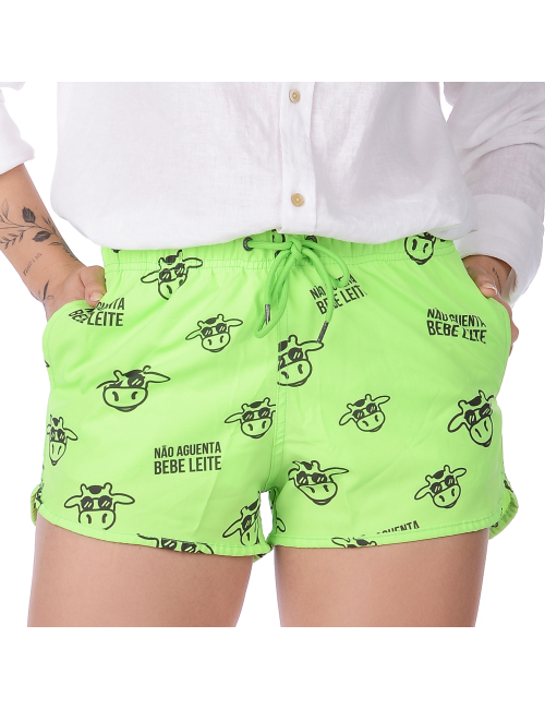 Short Feminino Praia Verde Neon Não Aguenta Bebê Leite Cós Elástico