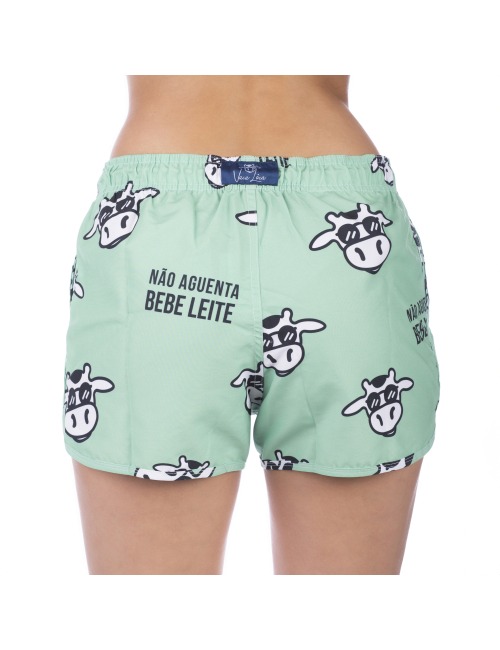 Short Feminino Praia Verde Pistache Pastel Não Aguenta Bebe Leite Cós Elástico 