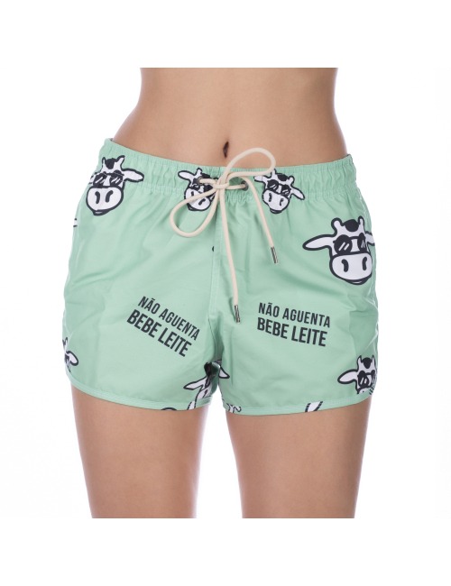 Short Feminino Praia Verde Pistache Pastel Não Aguenta Bebe Leite Cós Elástico 