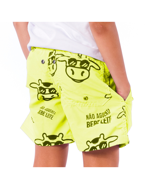 Short Infantil Praia Masculino Amarelo Neon Não Aguenta Bebe Leite