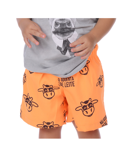 Short Infantil Praia Masculino Laranja Neon Não Aguenta Bebe Leite