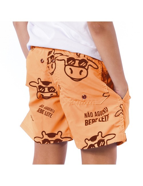 Short Infantil Praia Masculino Laranja Neon Não Aguenta Bebe Leite