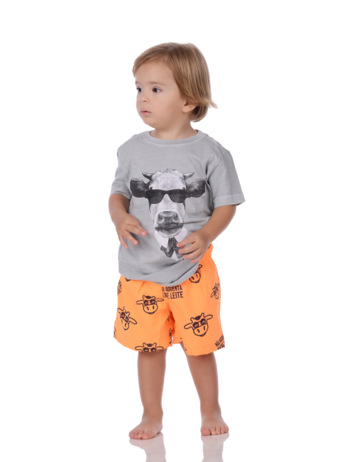 Short Infantil Praia Masculino Laranja Neon Não Aguenta Bebe Leite