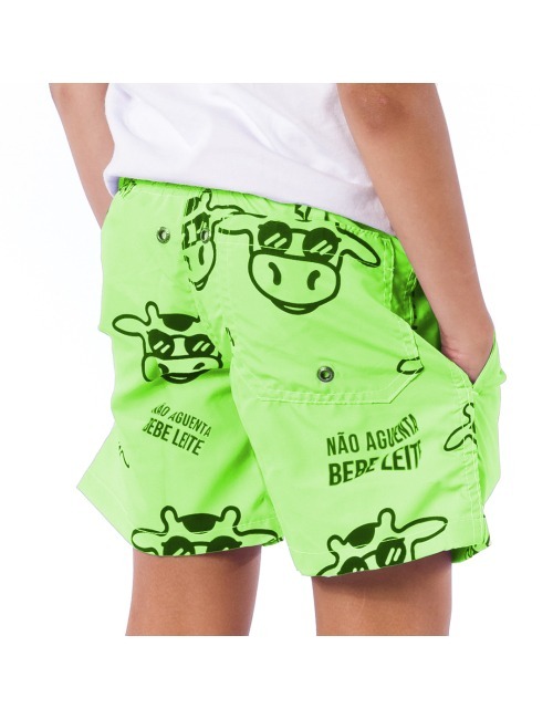 Short Infantil Praia Masculino Verde Neon Não Aguenta Bebe Leite