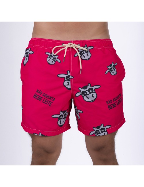 Short Masculino Praia Pink Não Aguenta Bebe Leite