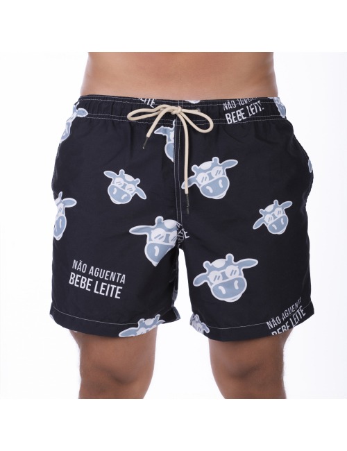 Short Masculino Praia Preto Com Cinza Não Aguenta Bebe Leite