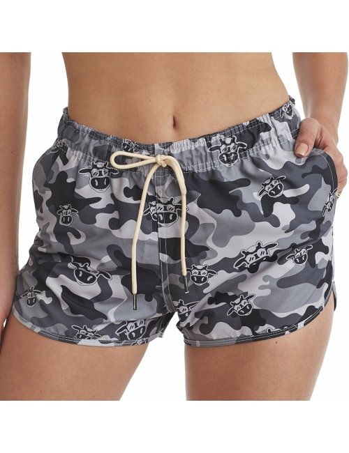 Short Feminino Praia Preto Camuflado Cós Elástico 