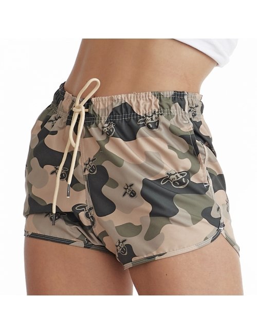 Short Feminino Praia Verde Camuflado Cós Elástico 
