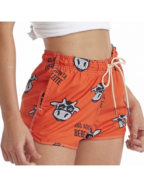 Short Feminino Praia Laranja Não Aguenta Bebe Leite Cós Elástico 