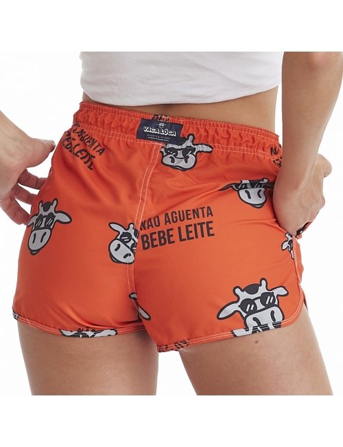 Short Feminino Praia Laranja Não Aguenta Bebe Leite Cós Elástico 