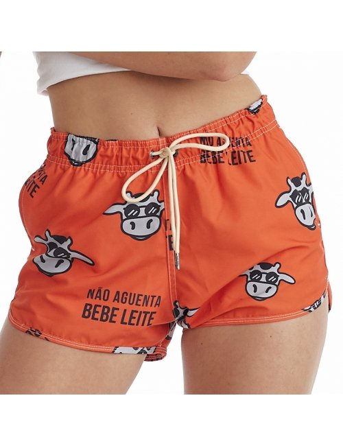 Short Feminino Praia Laranja Não Aguenta Bebe Leite Cós Elástico 
