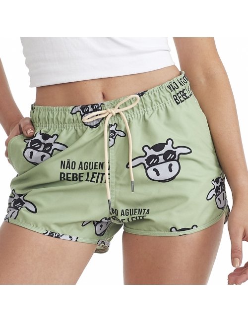 Short Feminino Praia Verde Não Aguenta Bebe Leite Cós Elástico 
