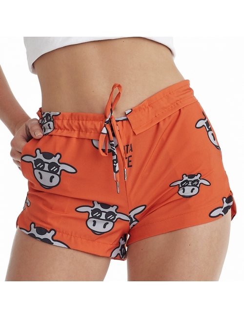 Short Feminino Praia Laranja Não Aguenta Bebe Leite Cós Liso 