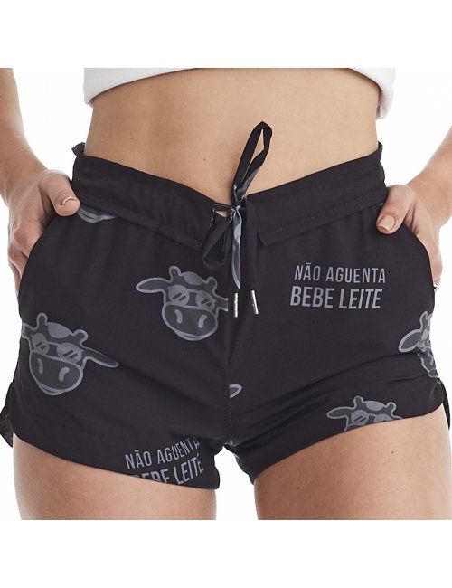 Short Feminino Praia Preto Não Aguenta Bebe Leite Cós Liso 