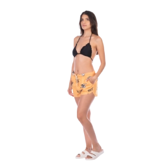 Short Feminino Praia Amarelo Não Aguenta Bebe Leite Cós Elástico