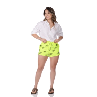 Short Feminino Praia Amarelo Neon Não Aguenta Bebê Leite Cós Elástico