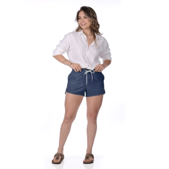 Short Feminino Praia Azul Petróleo Liso Cós Elástico