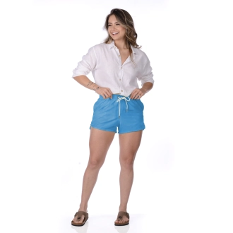 Short Feminino Praia Azul Turquesa Liso Cós Elástico 