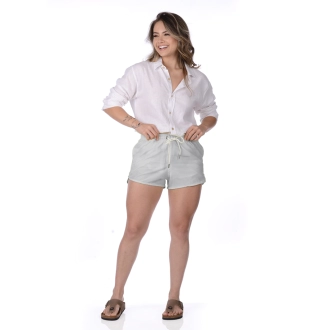 Short Feminino Praia Cinza Liso Cós Elástico 
