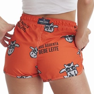 Short Feminino Praia Laranja Não Aguenta Bebe Leite Cós Elástico 